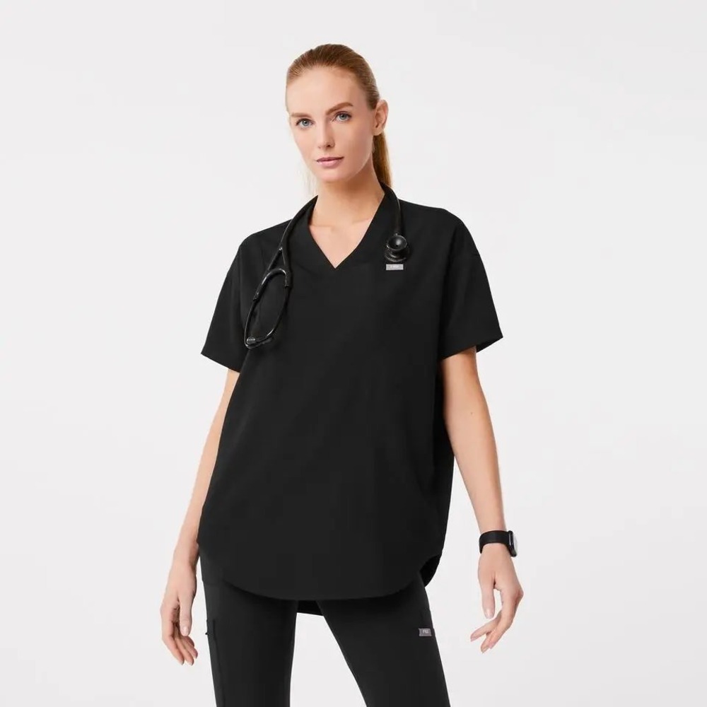 Figs Halle V-Neck Tunic Scrub Top Black Technical Collection Size Large